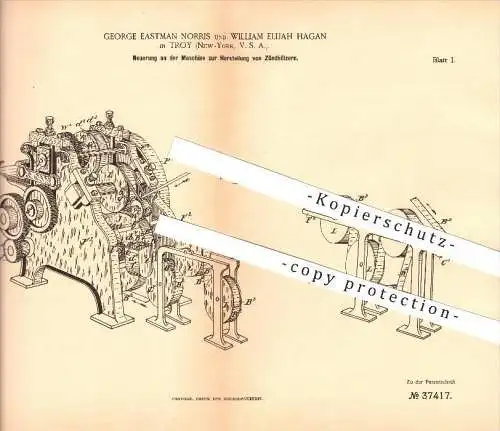 original Patent - George E. Norris & William E. Hagan in Troy , New York , 1885 , Machine for matches , Zündholz !!