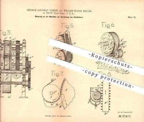 original Patent - George E. Norris & William E. Hagan in Troy , New York , 1885 , Machine for matches , Zündholz !!