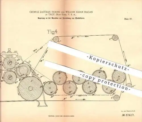 original Patent - George E. Norris & William E. Hagan in Troy , New York , 1885 , Machine for matches , Zündholz !!