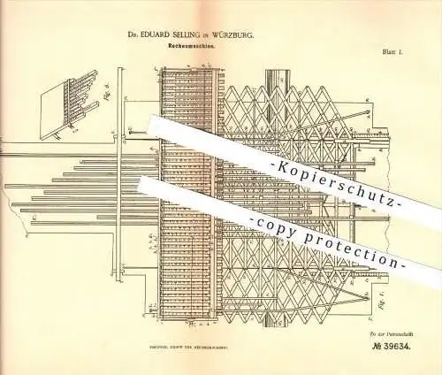 original Patent - Dr. Eduard Selling in Würzburg , 1886 , Rechenmaschine , Rechnen , Mathematik !!!