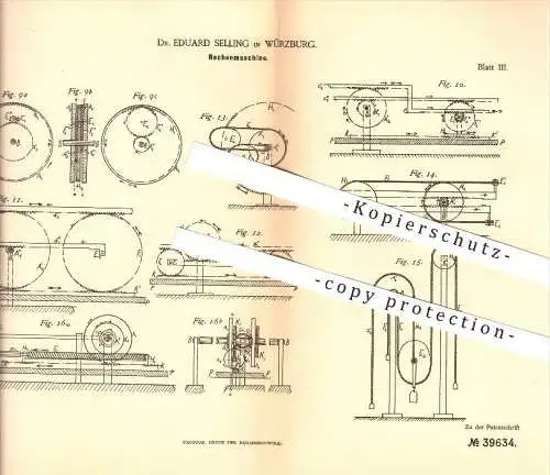 original Patent - Dr. Eduard Selling in Würzburg , 1886 , Rechenmaschine , Rechnen , Mathematik !!!