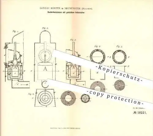 original Patent - Gustav Köster in Neumünster , 1881 , Backofenlaternen mit gekühltem Ölbehälter , Lampen , Bäckerei !!