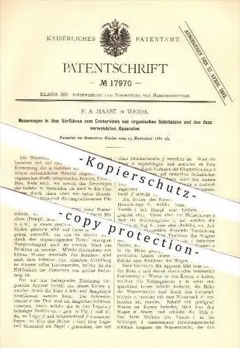 original Patent - F. A. Haase in Weida , 1881 , Konservierung von organischen Substanzen , Nahrungsmittel !!!