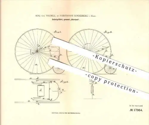 original Patent - Aug. von Wedell in Forsthaus Sonneberg i. Harz , 1881 , Graviped , Fahrrad , Hochrad !!!