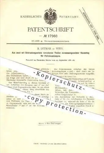 original Patent - R. Ditmar in Wien , 1881 , Vasenring für Petroleumlampen , Lampen , Licht , Beleuchtung !!!