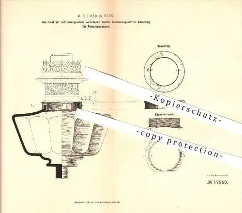 original Patent - R. Ditmar in Wien , 1881 , Vasenring für Petroleumlampen , Lampen , Licht , Beleuchtung !!!