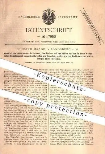 original Patent - E. Maage in Landsberg a. W. , 1881 , Apparat zum Ausscheiden von Stroh u. Hülsen , Landwirtschaft !!!