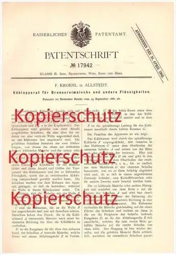 original Patent - F. Kroehl in Allstedt , 1881 , Kühlapparat für Maische , Brennerei , Brauerei , Alkohol !!