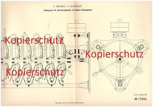 original Patent - F. Kroehl in Allstedt , 1881 , Kühlapparat für Maische , Brennerei , Brauerei , Alkohol !!