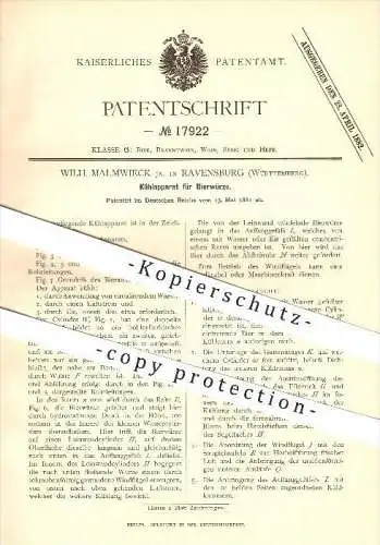 original Patent - Wilh. Malmwieck Jr. in Ravensburg , 1881 , Kühlapparat für Bierwürze , Brauerei , Alkohol !!!