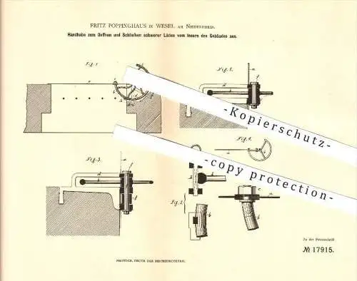 original Patent - Fritz Pöppinghaus in Wesel am Niederrhein , 1881, Öffnen u. Schliessen schwerer Fensterläden , Fenster