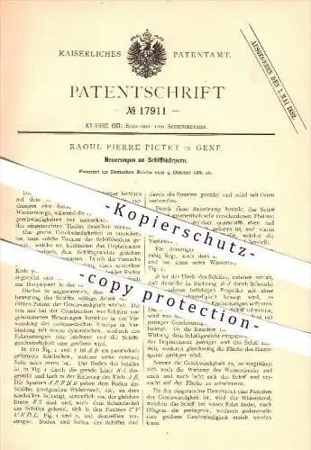 original Patent - Raoul Pierre Pictet in Genf , 1881 , Schiffskörper , Schiffbau , Schiffe , Boote Schifffahrt !!!