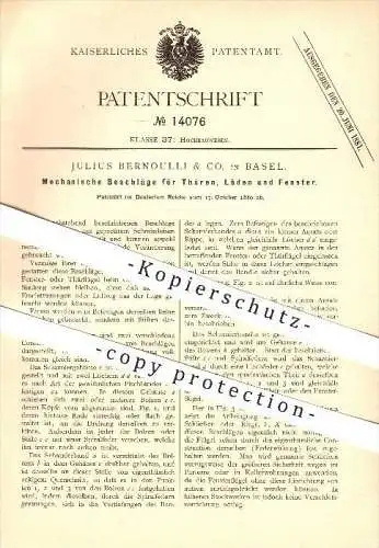 original Patent - Julius Bernoulli & Co. in Basel , 1880 , Mechanische Beschläge für Türen, Läden u. Fenster , Tischler