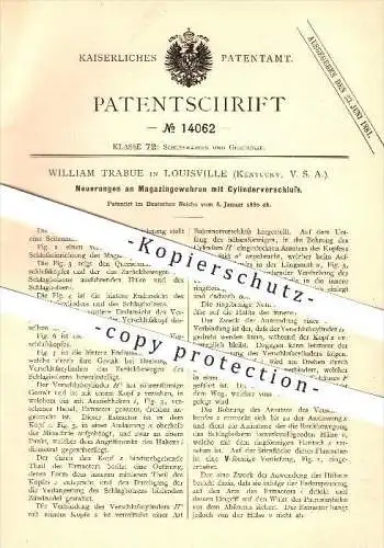 original Patent - W. Trabue in Louisville , Kentucky , 1880 , Magazingewehr mit Zylinderverschluss , Waffen , Gewehr !!!