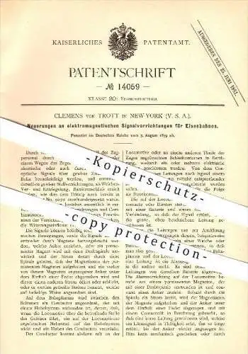 original Patent - Clemens von Trott in New York , 1879 , Signalvorrichtungen für Eisenbahnen , Eisenbahn !!!