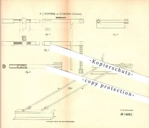 original Patent - A. J. Susemihl in Stargard , Pommern , 1880 , Gleismesser , Eisenbahn , Bahngleise !!!