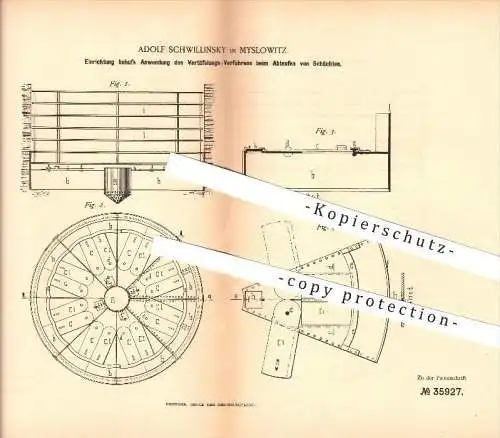 original Patent - Adolf Schwillinsky in Myslowitz / Myslowice , 1885 , Verfahren beim Abteufen von Schächten , Bergbau