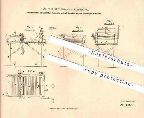 original Patent - Carl Chr. Stegelmann in Flensburg , 1900 , Waschmaschine mit Riffelwalze , Haushalt !!!