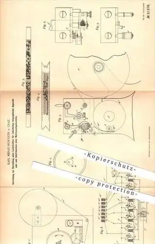 original Patent - Karl Méray-Horváth in Graz , 1894 , Herstellung eines Lochstreifens , Telegraphie !!!