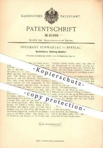 original Patent - Herrmann Schwantag in Breslau , 1894 , Hochziehbarer Bettzeug-Behälter , Bett , Möbel !!!