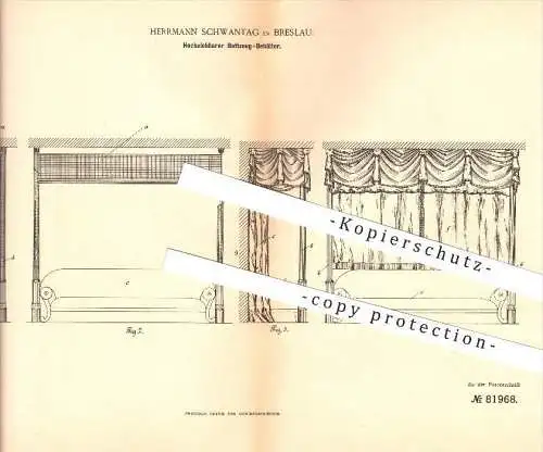 original Patent - Herrmann Schwantag in Breslau , 1894 , Hochziehbarer Bettzeug-Behälter , Bett , Möbel !!!