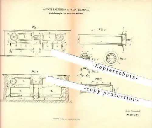 original Patent - Anton Pakpfeiffer in Wien , Hernals , 1894 , Kartoffeldämpfer für Koch- und Bratöfen , Haushalt !!!