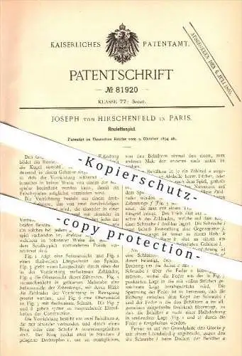 original Patent - Joseph von Hirschenfeld in Paris , 1894 , Roulettespiel , Roulette , Spiele , Casino , Spielbank !!!