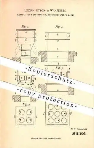 original Patent - Lucian Pitsch in Wanzleben , 1894 , Aufsatz für Schornsteine , Ventilationsrohre !!!