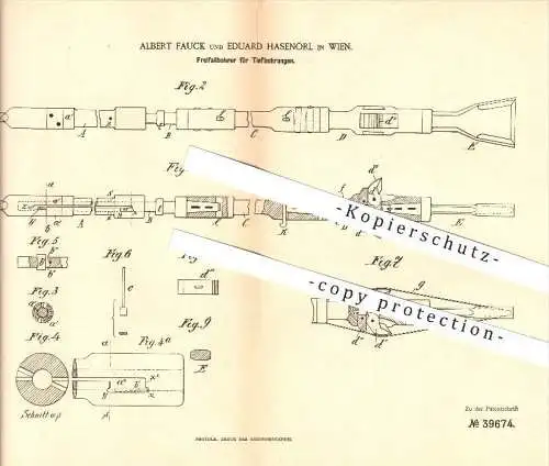 original Patent - Albert Fauck und Eduard Hasenörl in Wien , 1886 , Freifallbohrer für Tiefbohrungen , Bergbau !!!