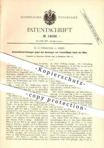 original Patent - W. A. Herkner in Wien , 1880, Sicherheitsvorrichtungen an Fenstern , Fensterbau , Tischler !!