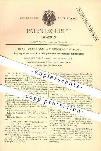 original Patent - Franz Louis Rödel in Elsterberg , 1888 , Verschiebbare Fahrradkurbel , Fahrrad , Fahrzeugbau !!!