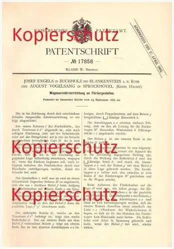 original Patent - J. Engels in Buchholz & A. Vogelsang in Sprockhövel , 1881 , Fördergestelle , Bergbau , Förderung !!!