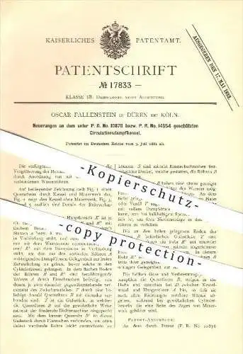 original Patent - Oscar Fallenstein in Düren bei Köln , 1881 , Zirkulationsdampfkessel , Dampfkessel !!!