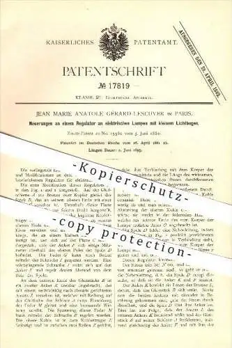 original Patent - Jean Marie Anatole Gérard-Lescuyer in Paris , 1881 , Regulator an elektrischen Lampen , Licht !!!