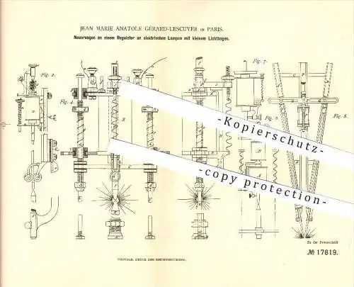 original Patent - Jean Marie Anatole Gérard-Lescuyer in Paris , 1881 , Regulator an elektrischen Lampen , Licht !!!