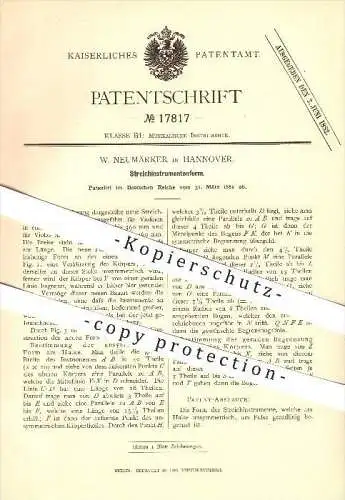 original Patent - W. Neumärker in Hannover , 1881 , Streichinstrumentenform , Musik , Geige , Violine !!!