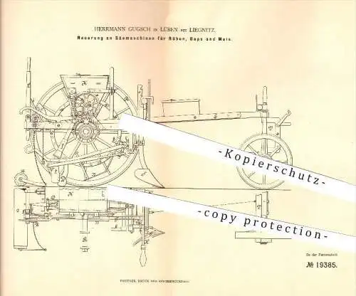 original Patent - Herrmann Gugsch in Lüben bei Liegnitz , 1881 , Sämaschinen für Rüben, Raps und Mais !!!