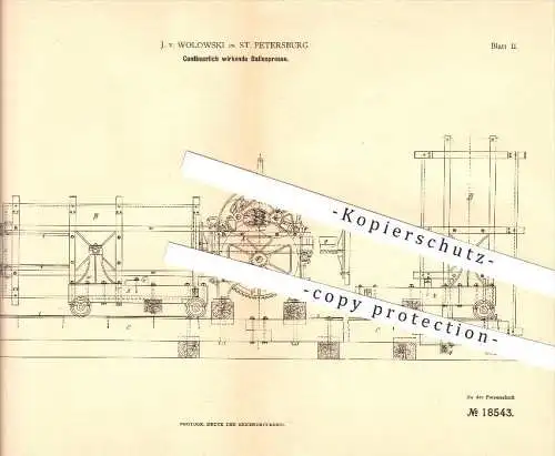 original Patent - J. v. Wolowski in St. Petersburg , Russland ,1881 , Kontinuierlich wirkende Ballenpresse , Pressen !!!