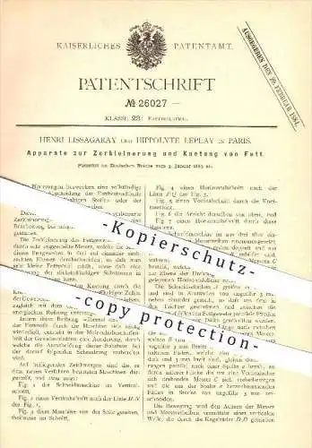 original Patent - Henri Lissagaray & Hippolyte Leplay in Paris , 1883 , Zerkleinerung und Knetung von Fett !!!