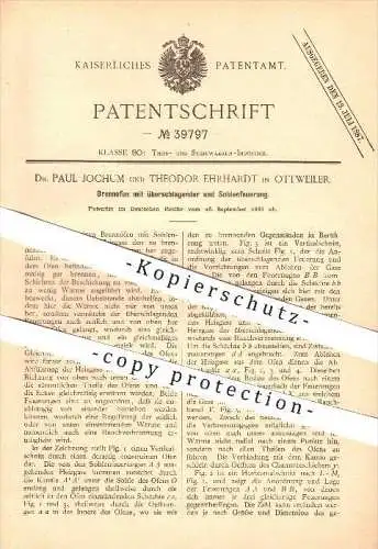 original Patent - Dr. Paul Jochum & Theodor Ehrhardt in Ottweiler , 1886 , Brennofen mit Sohlenfeuerung , Ofen !!!