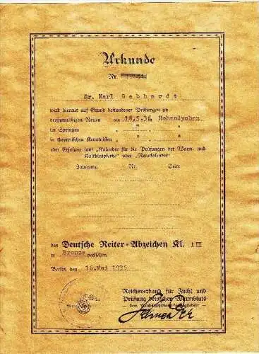 Urkunde - Dr. Karl Gebhardt , Hohenlychen , Deutsches Reiterabzeichen 16.05.1936 , SS !!!