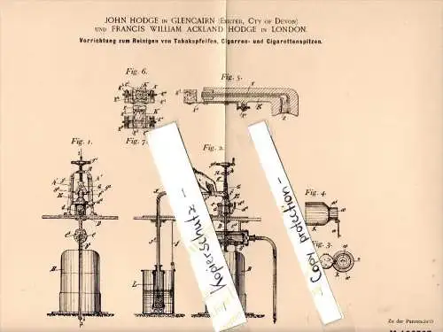 Original Patent - J. Hodge in Glencairn , Exeter , 1899 , Cleaning of smoking pipes , cigarettes  !!!