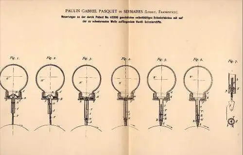 Original Patentschrift - P.G. Pasquet dans Sermaises , Loiret , 1888 , Lubrification des machines !!!