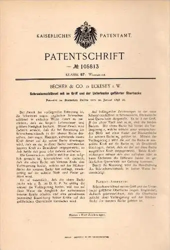 Original Patentschrift - Becher & Co in Eckesey b. Hagen , 1898 , Schraubenschlüssel , Werkstatt , Werkzeug !!!