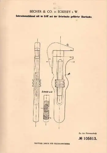 Original Patentschrift - Becher & Co in Eckesey b. Hagen , 1898 , Schraubenschlüssel , Werkstatt , Werkzeug !!!