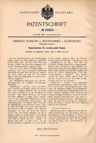 Original Patentschrift -H. Hoeborn in Blechhammer b. Slawentzitz ,1895, Papiermaschine , Slawiecice