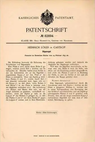 Original Patentschrift - Heinrich Löker in Castrop , 1895 , Sägeangel , Holz , Tischlerei , Sägewerk , Castrop-Rauxel !!