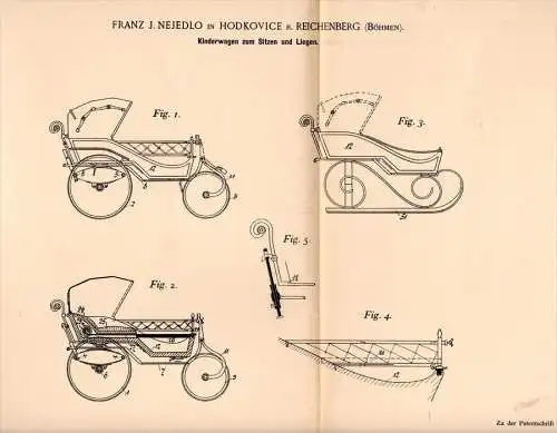 Original Patentschrift -F. Nejedlo in Hodkovice nad Mohelkou / Liebenau , 1895 , Kinderwagen zum Sitzen , Reichenberg !!