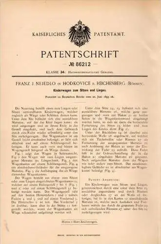 Original Patentschrift -F. Nejedlo in Hodkovice nad Mohelkou / Liebenau , 1895 , Kinderwagen zum Sitzen , Reichenberg !!