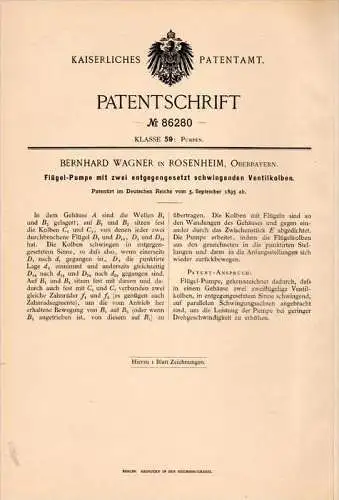 Original Patentschrift - Bernhard Wagner in Rosenheim ,1895 , Flügelpumpe , Pumpe , Pumpenbau !!!